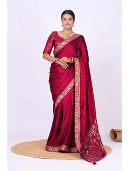 VGlame - Women Maroon Zari Work Viscose Saree with Unstiched Blouse