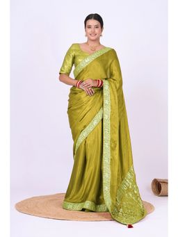 VGlame - Women Green Zari Work Viscose Saree with Unstiched Blouse