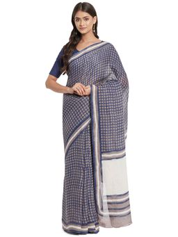 Fabindia - Navy Blue Hand Block Print Linen Sari