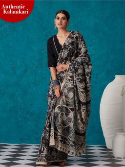 Likha - Navy Blue Cotton Kalamkari Printed Saree with Unstitched Blouse LIKSAR126 (One Size)