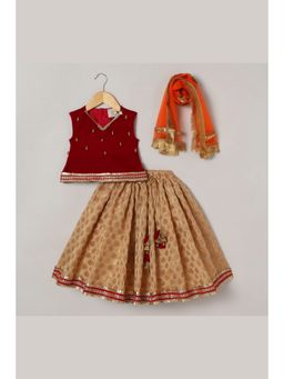 BYB Premium - Red Velvet Embellished Kurta With Skirt And Dupatta (Set of 3)