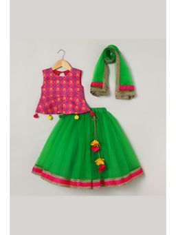 BYB Premium - Fuchsia Matka Silk Emb Peplum Top Green Tulle Skirt And Dupatta (Set of 3)