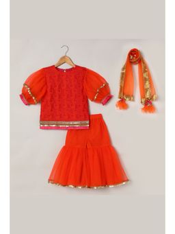 BYB Premium - Orange Embroidered Kurta And Sharara With Dupatta (Set of 3)