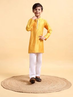Mera Rang - Boys Yellow Embroidery Cotton Silk Kurta and Pajama (Set of 2)