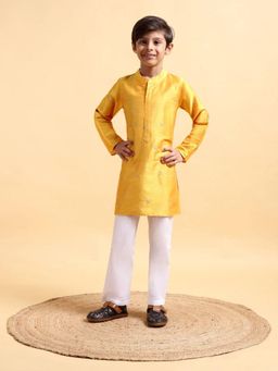 Mera Rang - Boys Yellow Embroidery Cotton Silk Kurta and Pajama (Set of 2)