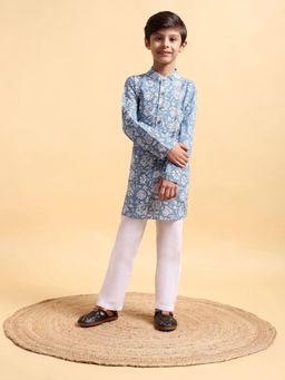Mera Rang - Boys Blue and White Kurta and Pajama (Set of 2)