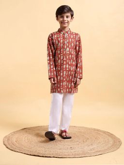 Mera Rang - Boys Jarak Red Print Cotton Kurta and Pajama (Set of 2)