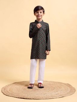 Mera Rang - Boys Jarak Bottle Green Print Cotton Kurta and Pajama (Set of 2)