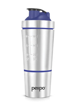 Pexpo - Kinetic Silver-Blue Stainless Steel Gym Shaker - 880ml