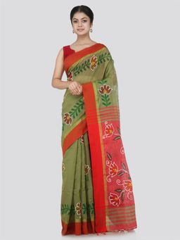 PinkLoom - Women's Cotton Blend Saree with Unstitched Blouse Piece, Green