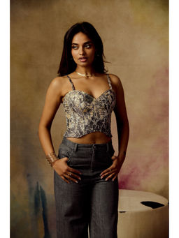 Lea Clothing - Oona Jacquard Multi-Color Corset Crop Top