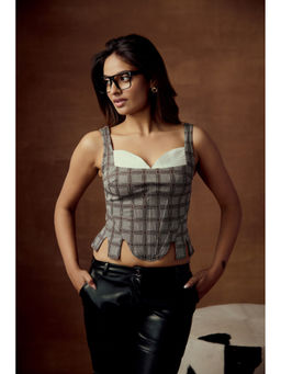 Lea Clothing - Sunniva Grey Checkered Corset Crop Top