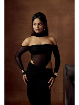 Lea Clothing - Celestine Black Sheer Bodysuit with Detachable Panel