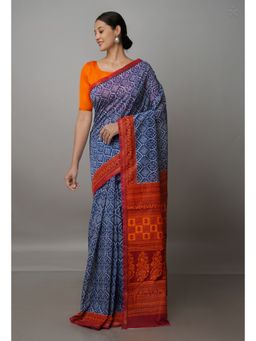 Unnati Silks - Navy Blue Screen Printed Chanderi Sico Saree with Unstitched Blouse