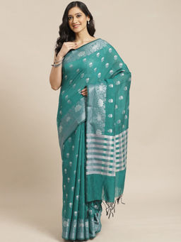Indethnic - Banarasi Green Checked Work Wear Saree With Unstitched Blouse