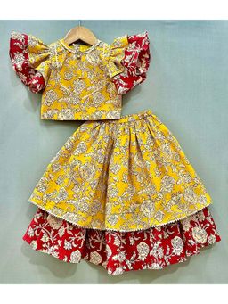 LABEL NEETI - Girls Yellow Cotton Top with Lehenga (Set of 2)