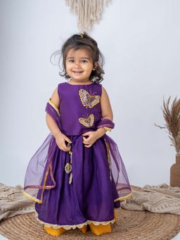 LABEL NEETI - Girls Purple Silk Top with Lehenga and Dupatta (Set of 3)