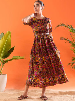 Uptownie - Womens Crepe Printed Skater Maxi Dress Brown (Set of 2)