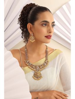 SWABHIMANN - Aakar Red Temple Work Long Necklace with Earrings Set