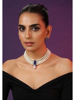 SWABHIMANN - Mirana Sapphire Zirconia and Pearl Choker Necklace with Earrings Set