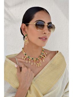 SWABHIMANN - Kumkum Multicolour Jadau Kundan Necklace with Earrings Set