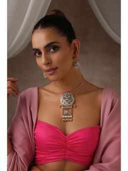 SWABHIMANN - Jamini Red and Green Meena Hasli Necklace with Earrings Set