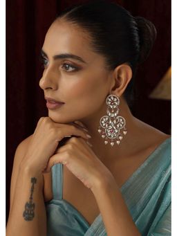 SWABHIMANN - Riha Red and Silver Polki Chandbali Earrings