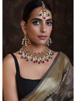 SWABHIMANN - Aaruna Multicolor Gold Plated Kundan Choker Necklace with Earrings and Maang Tikka