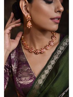 SWABHIMANN - Shlokha Red Gold Plated Kundan Meenakari Necklace with Earrings Set