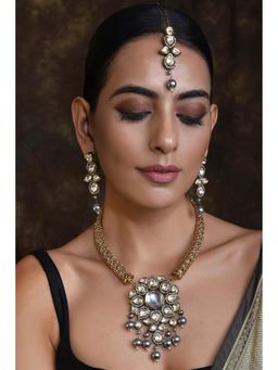 SWABHIMANN - Umrao Grey Polki Long Necklace with Earrings Set