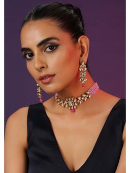 SWABHIMANN - Keesha Pink Kundan Choker Necklace with Earrings Set