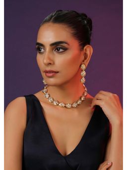 SWABHIMANN - Visha Gold Plated Polki Single Line Necklace with Earrings