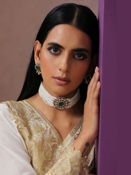 SWABHIMANN - Ombre Green Silver Plated Polki Choker Necklace with Earrings Set