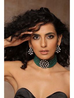 SWABHIMANN - Devishi Green Rhodium Plated Choker Necklace with Earrings Set