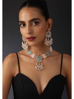 SWABHIMANN - Qayannat Mint and Pink Polki Silver Necklace with Earrings Set