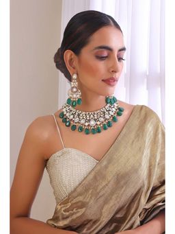 SWABHIMANN - Amyutha Green Silver Polki Necklace with Earrings Set
