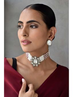 SWABHIMANN - Malham Red Silver Polki Choker Necklace with Earrings Set