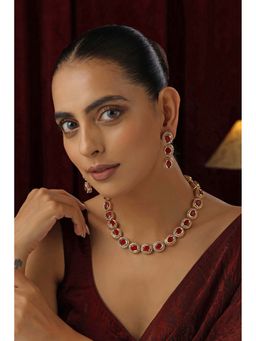 SWABHIMANN - Shruti Ruby Single Line Necklace with Earrings Set