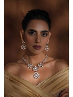 SWABHIMANN - Adweta Rose Gold Polki Pendant Necklace with Earrings Set