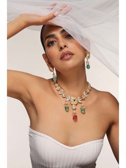 SWABHIMANN - Chahat Green and Red Kundan Necklace with Earrings Set