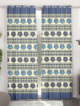 CHHAVI INDIA - Blue Floral & Geometric Print Eyelet Door Curtains (Pack of 2) (7 Feet)
