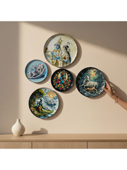 ExclusiveLane - Multi-Color Radha Krishna Flute Melody Wall Plates (Pack of 5)