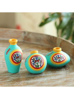 ExclusiveLane - Blue Warli Grace Terracotta Decorative Vases (Pack of 3)