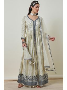 Soch - Beige Tissue Embroidered Kurta with Palazzo and Dupatta (Set of 3)