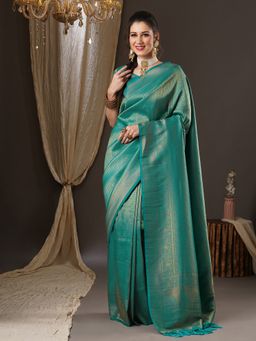 Akhilam - Womens Georgette Blue Woven Design Saree with Unstitched Blouse
