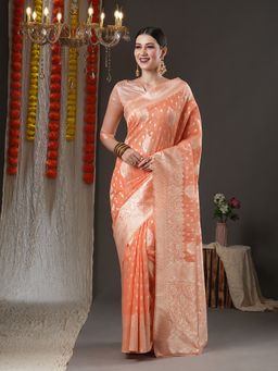 Akhilam - Womens Cotton Blend Peach Woven Design Designer Saree with Unstitched Blouse