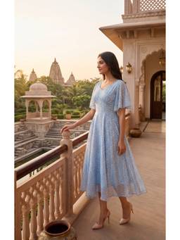 Souchii - Blue Floral Printed Fit and Flare Midi Dress