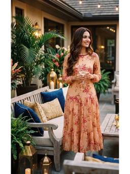 Souchii - Peach Floral Chiffon Midi Dress