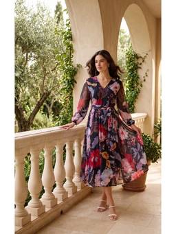 Souchii - Women's Navy Blue Floral Printed Chiffon Midi Dress