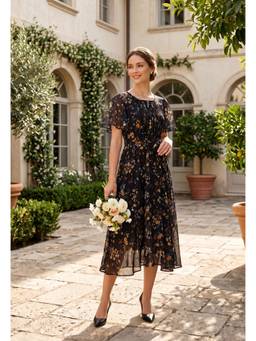 Souchii - Women Black Floral Printed Fit and Flare Midi Dress